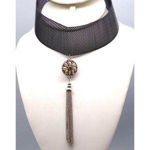 Black Mesh Choker Necklace with Ginger Snaps Silver Tone Tassel Pendant and 3